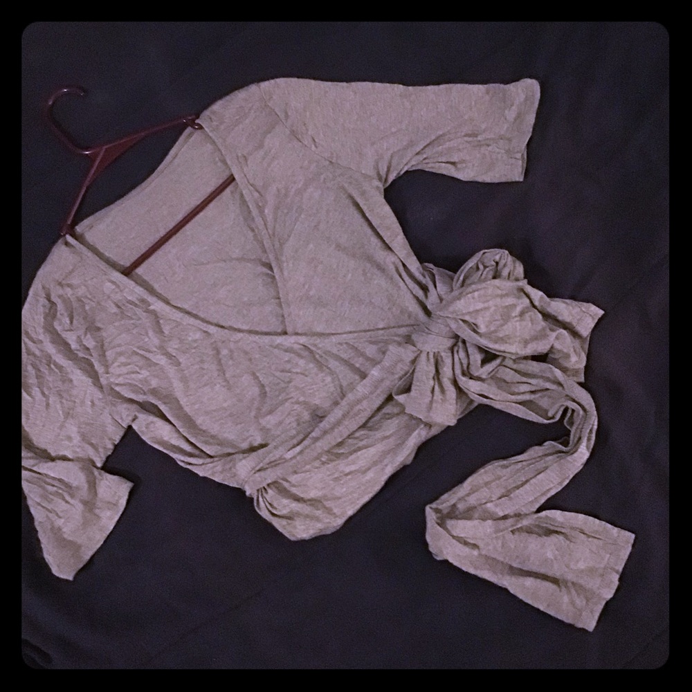 Agnes and Dora wrap top, gray tie front cardigan